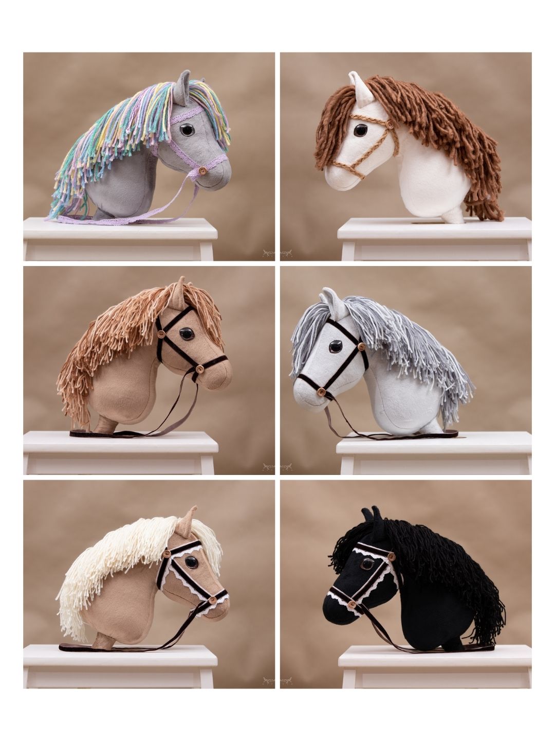 Różne warianty kolorystyczne koników hobby horse uszytych samodzielnie według instrukcji szycia PDF