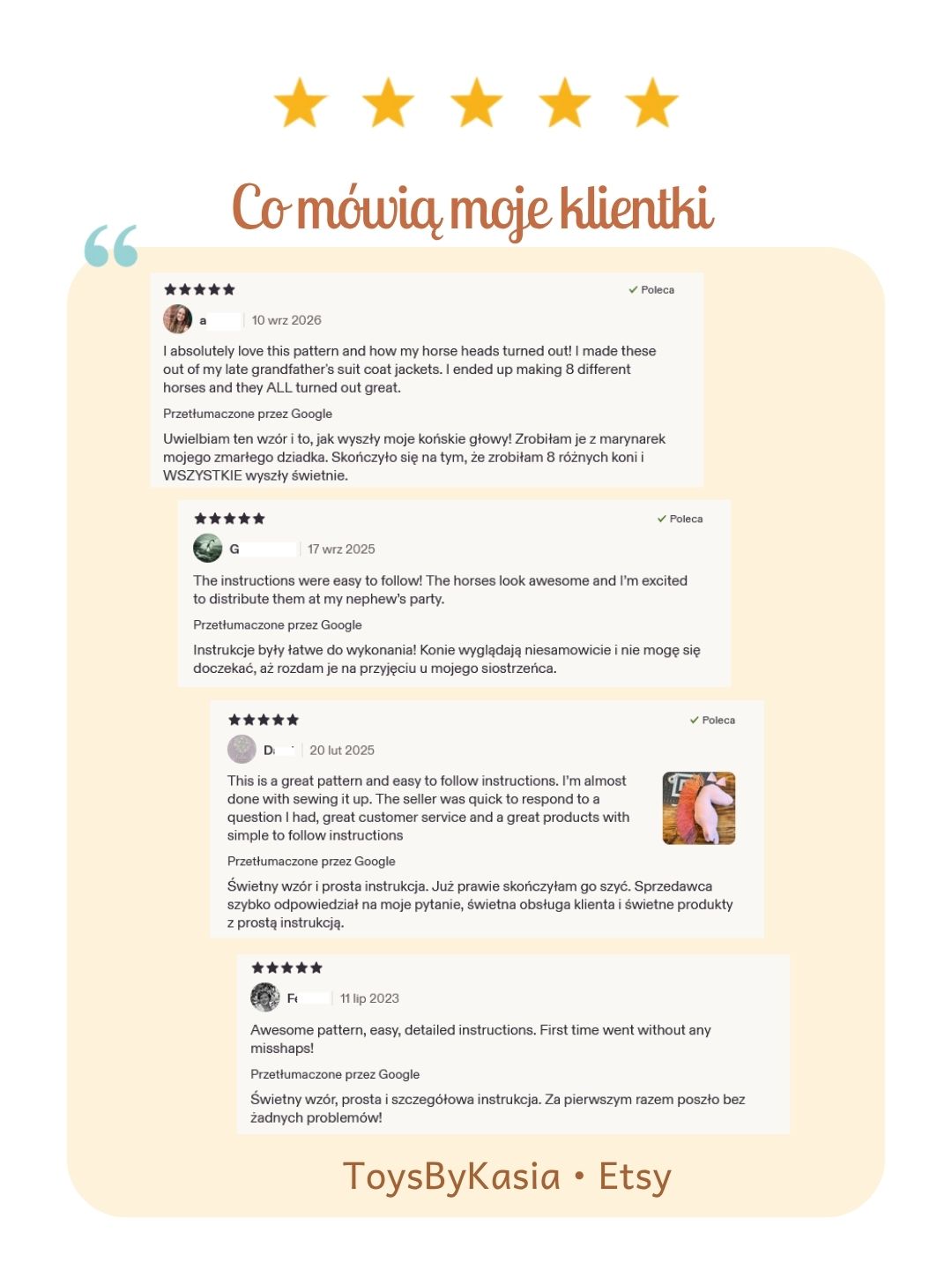 Zadowolone klientki oceniają instrukcje szycia hobby horse i renifera na patyku
